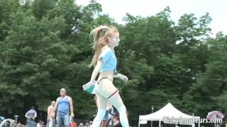 Unexperienced blonde is on the stage taunting the crowd