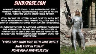 Cyber lady Sindy Rose with wine bottle anal fuck in public