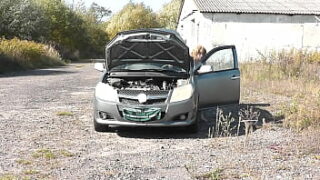 Sex mommy Milf with random passerby man on hood of car. Public sex. Outdoors