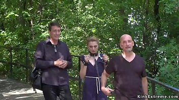 Czech victim Luca Bella with handcuffs on a leash ambled in public park at sea view then in public club tied up and anal invasion fucked