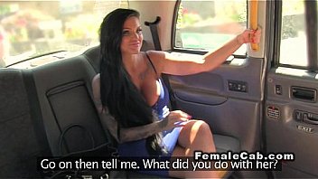 Ginger female faux cab driver licks big-boobed honey