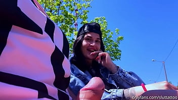 Sucked dick on the street in the park to a stranger and got a lot of hot jizm in her mouth