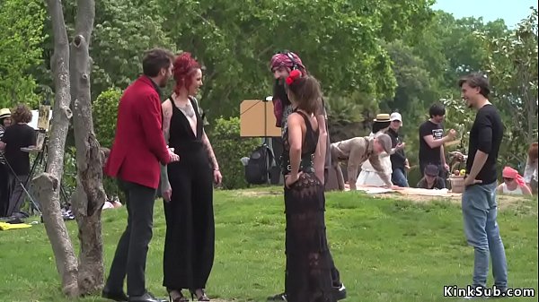 Butt naked slave walked in the park