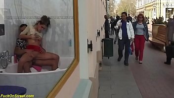 cute horny teen gets deep anal fucked by her boyfriend at public shopping street