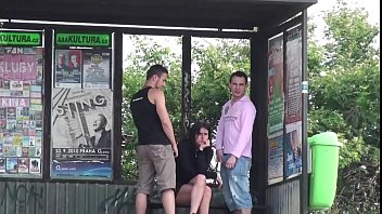 Very cute busty brunette girl public gang bang threesome with 2 guys