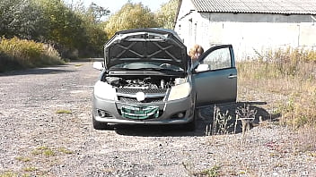 Sex mommy Milf with random passerby man on hood of car. Public sex. Outdoors