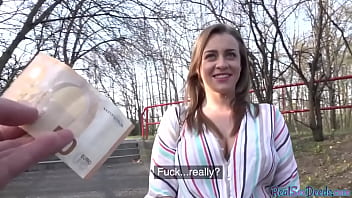 Cocksucking busty babe gets POV banged in public outdoor only 4 some good cash