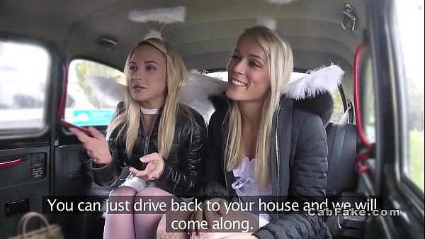 Two blonde angels sharing cock in fake taxi